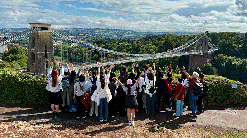 International Summer School group looking over Avon Gorge to the Clifton Suspension Bridge in Bristol.