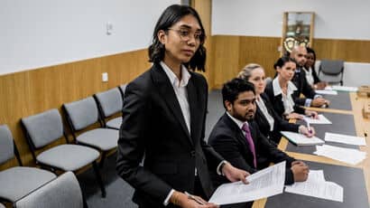 Law course students in UWE Bristol's mock courtrooms.
