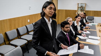 Law course students in UWE Bristol's mock courtrooms