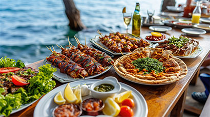 A long wooden table laden with a range of Turkish dishes.