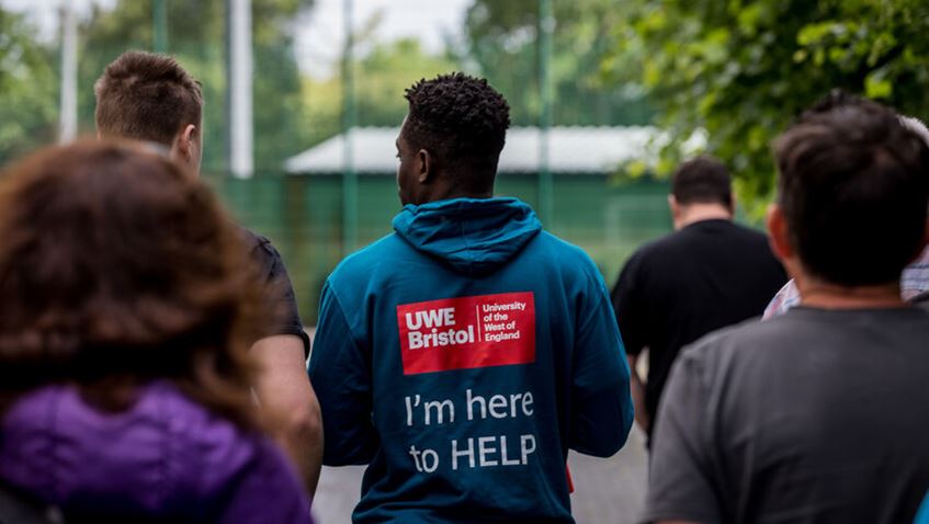 Students being shown around by a UWE Bristol student on an open day.