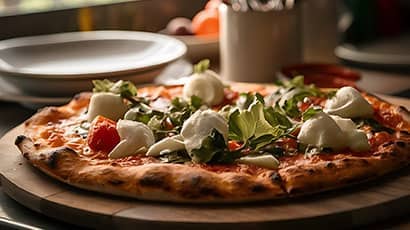 A side on view of a delicious woodfired pizza.