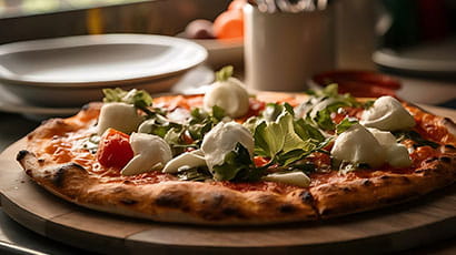 A side on view of a delicious woodfired pizza.