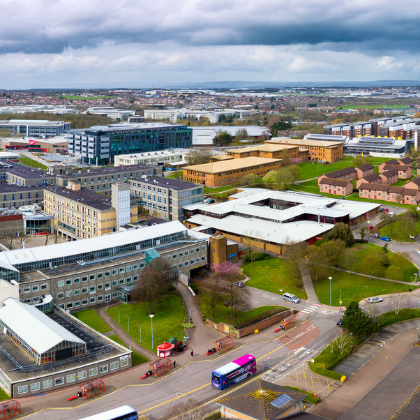 A drone shot of buildings on Frenchay Campus