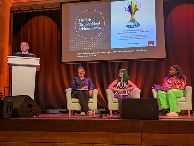 UWE Bristol Vice-Chancellor, Sir Steve West, introducing the event panel on stage. 