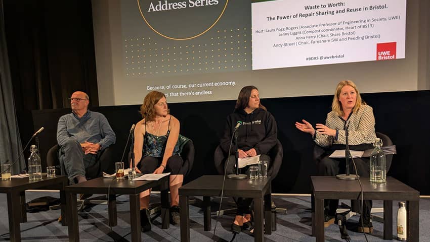 The four panel members on stage during the BDAS Waste to Worth event.