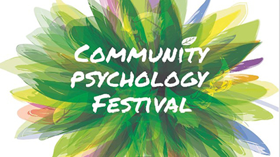 Community Psychology Festival image depicting the festival name against a primarily green artwork resembling a flower.
