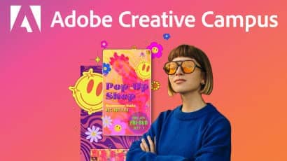 Adobe Creative Campus poster featuring a young women wearing sunglasses posing next to some brightly coloured graphics.