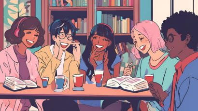 Animated image of a diverse group of students at a book club.