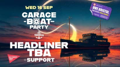 Garage Boat Party graphic with music venue Thekla shown in front of a sunset.