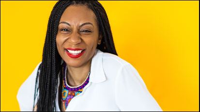 A picture of Aisha Thomas with yellow background