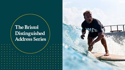 Bristol Distinguished Address Series logo with a picture of a person surfing.