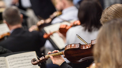 Musicians playing the violin in an orchestra