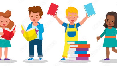 Animated children playing and reading books
