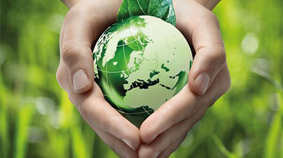 Human hands holding green globe