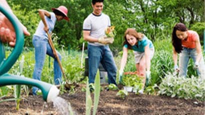 Students taking care of the garden and watering plants 