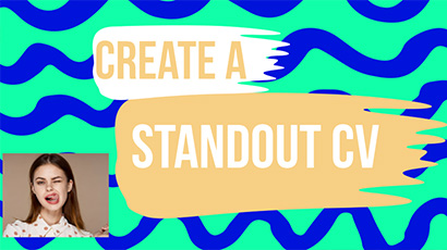 Poster for Adobe Express event with a bright green and blue pattern and the words 'Create a standout CV'.
