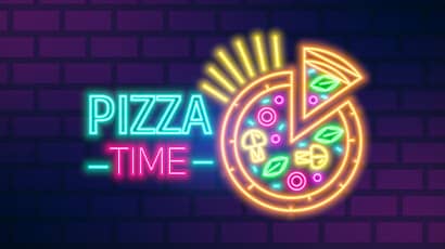 Colourful led lights with words saying pizza time and pizza image