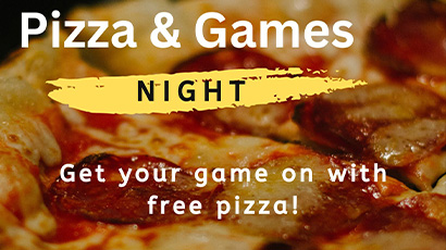Free pizza and games night text on a background of a pizza slice
