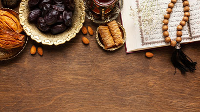 Traditional food eaten during Ramadan is put on a wooden table