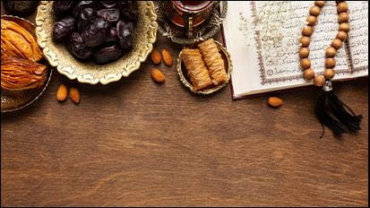 Traditional food eaten during Ramadan is put on a wooden table