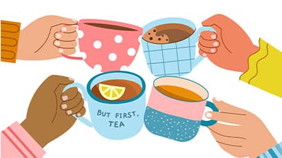 Four animated people' hands holding tea cup with different flavours and toasting them together.