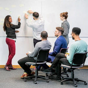 People writing on a whiteboard during a meeting.