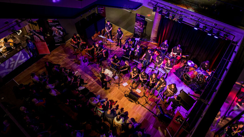 View from above of the UWE Orchestra performing at the Bristol Beacon.
