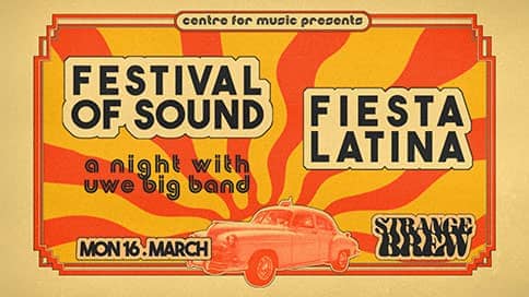 red and orange poster for festival of sound fiesta latina at strange brew bristol on mon 16 march