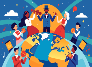 Animated image of musicians of mixed heritage standing on a globe