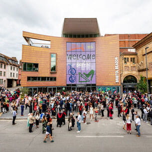 Lots of graduates outside the Bristol Beacon.