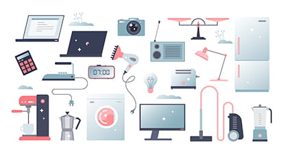 Cartoon image of a selection of household applicances such as a TV, toaster and fridget.