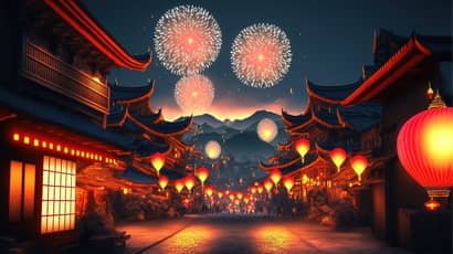 Illustration of a street with lanterns outside houses and fireworks over hills in the distance.