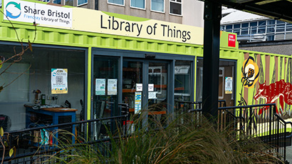 The Library of Things building with plants outside the front entrance