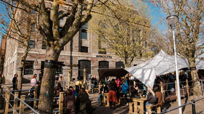 Marquee seating area set up at Arnolfini