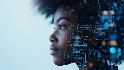 Abstract image with programming code superimposed over female's face and hair