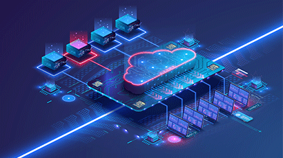 An illustration in blues and purples of a computer chip with a cloud icon overlaid.