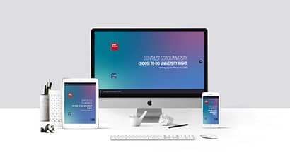 A desktop computer, table and mobile phone showing the digital undergraduate prospectus 2025 front cover on their screens.