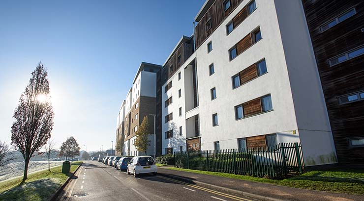 Exterior of Student Village on a frosty morning