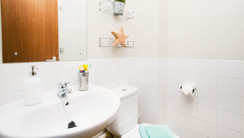 Ensuite bathroom connected to a student room in city centre accommodation.