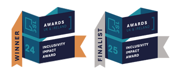 Logos for the inclusivity impact awards showing winner for 2024 and finalist for 2025