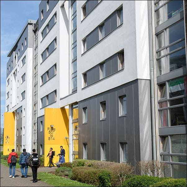 Exterior of Student Village in the sunshine