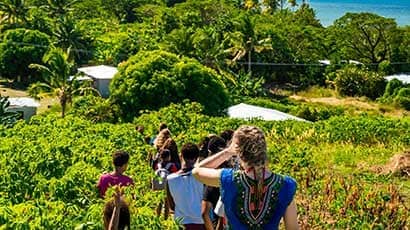 Volunteers walking through a field with sea and palm trees in the distance.