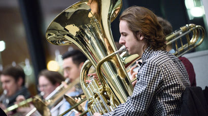 Trombone player in orchestra