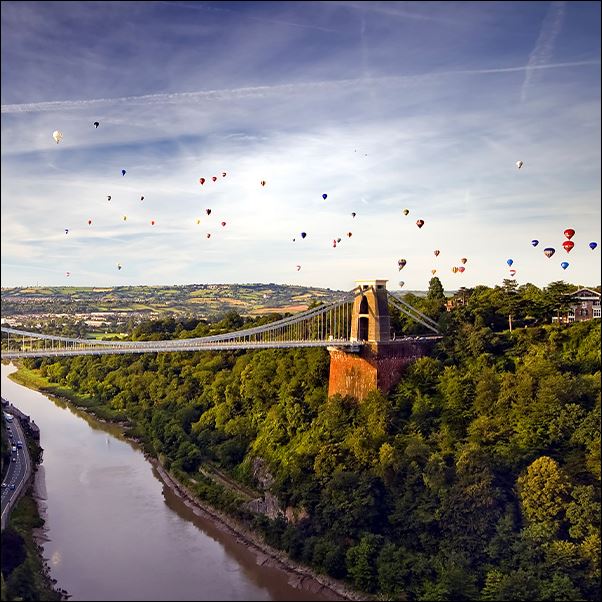 Bristol balloon festival over Clifton suspension bridge.
