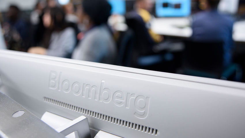 Close up of a computer branded with Bloomberg