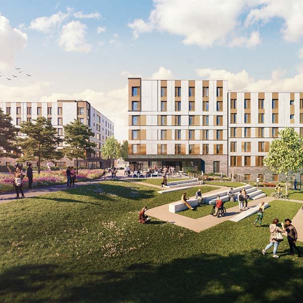 Computer-rendered drawing of the new Frenchay Campus accommodation.