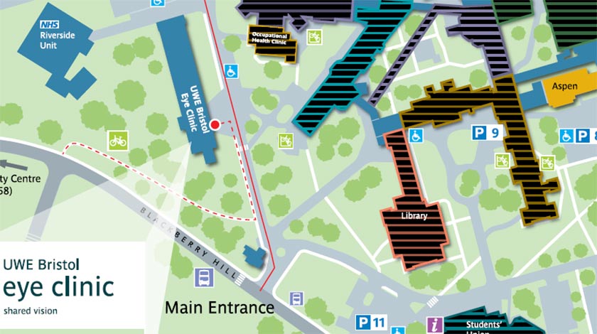 Closeup of the UWE Bristol Eye Clinic map.