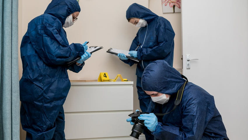 Forensic Science Students inside the UWE Bristol simulation Crime Scene House.