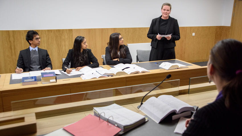 UWE Bristol students using the mock court rooms on Frenchay Campus.